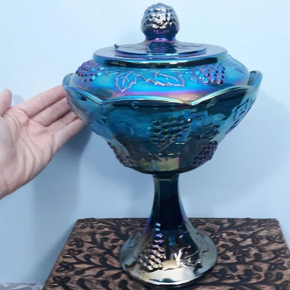 Indiana Blue Iridescent Carnival Glass Pedestal Compote Harvest Grape Purple Lid - Picture 2 of 16